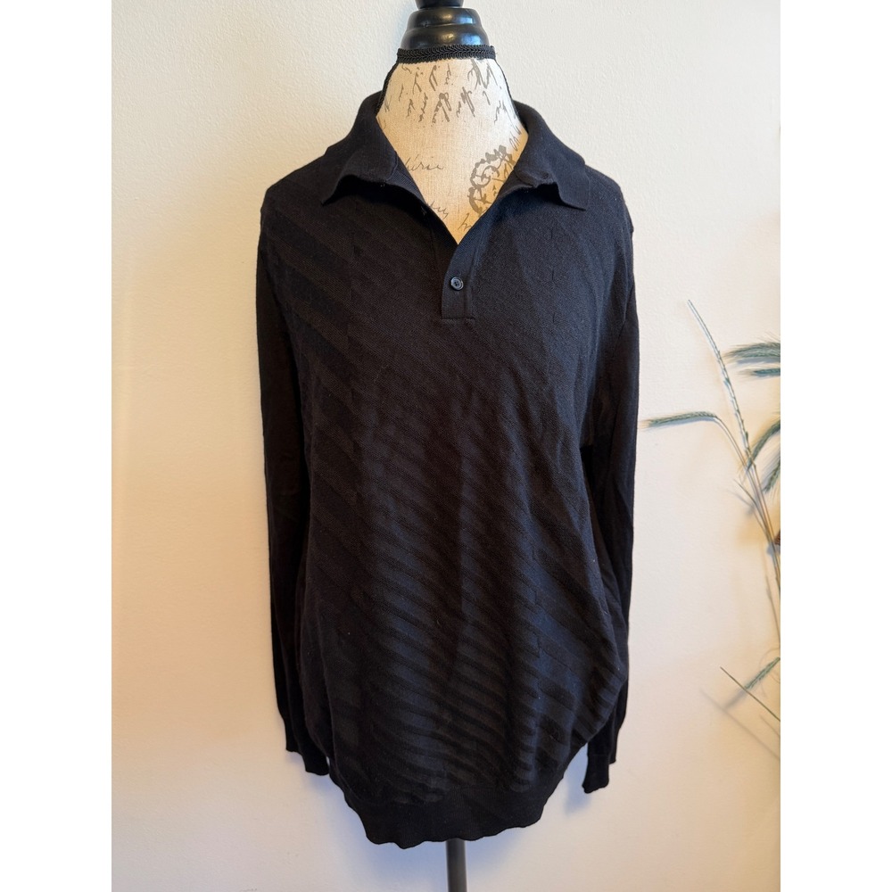 Hugo Boss Mens Black Virgin Wool Lyocell Textured Long Sleeve Polo Sweater L